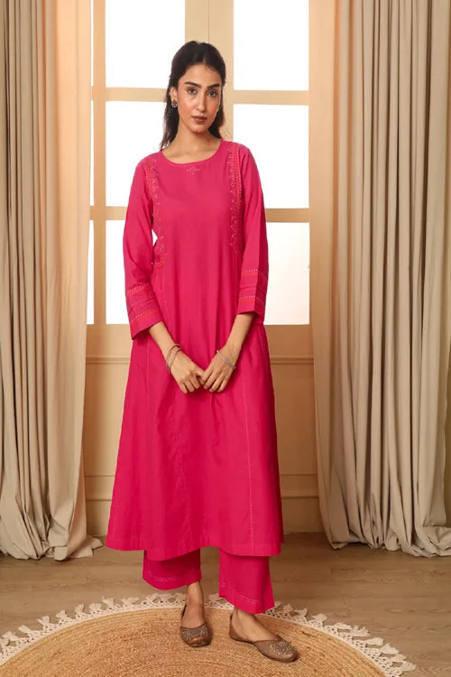 Rangsutra Aashvi Pink Kalidar Mangalgiri Cotton Kurta With Desert Hand Embroidery