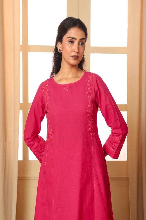 Rangsutra Aashvi Pink Kalidar Mangalgiri Cotton Kurta With Desert Hand Embroidery