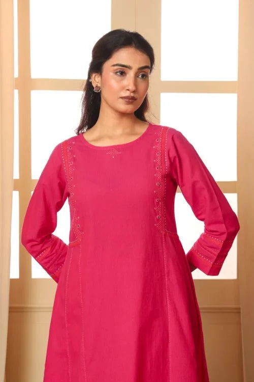 Rangsutra Aashvi Pink Kalidar Mangalgiri Cotton Kurta With Desert Hand Embroidery