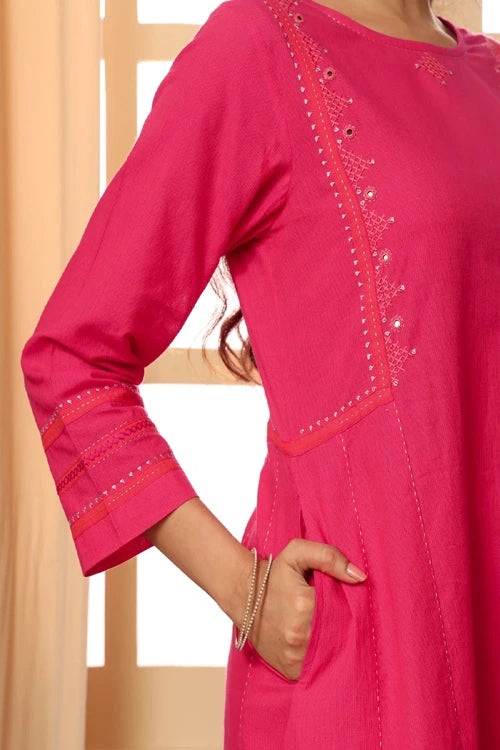 Rangsutra Aashvi Pink Kalidar Mangalgiri Cotton Kurta With Desert Hand Embroidery