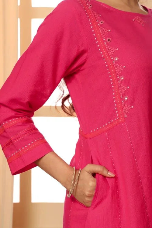 Rangsutra Aashvi Pink Kalidar Mangalgiri Cotton Kurta With Desert Hand Embroidery