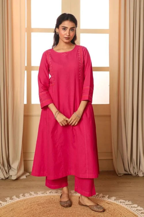 Rangsutra Aashvi Pink Kalidar Mangalgiri Cotton Kurta With Desert Hand Embroidery