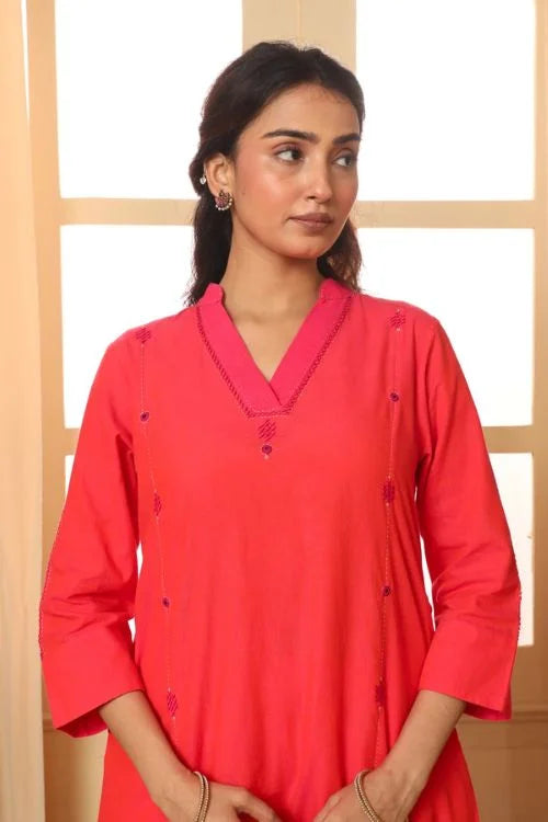 Rangsutra Aashvi Coral V-Neck Mangalgiri Cotton Kurta With Desert Hand Embroidery
