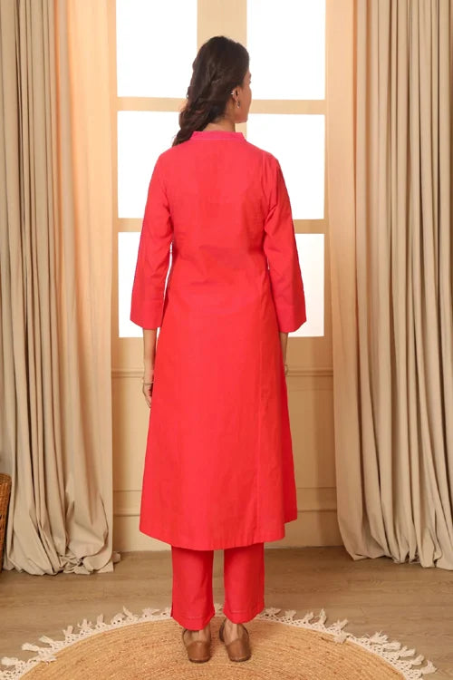 Rangsutra Aashvi Coral V-Neck Mangalgiri Cotton Kurta With Desert Hand Embroidery