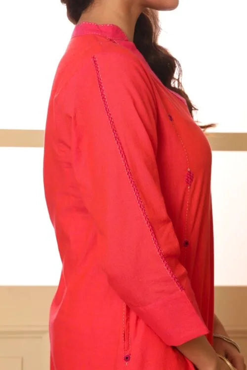 Rangsutra Aashvi Coral V-Neck Mangalgiri Cotton Kurta With Desert Hand Embroidery