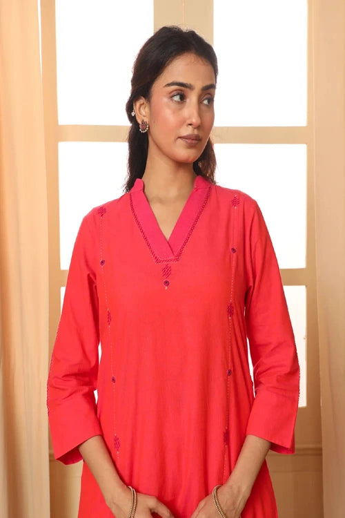Rangsutra Aashvi Coral V-Neck Mangalgiri Cotton Kurta With Desert Hand Embroidery