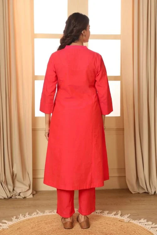 Rangsutra Aashvi Coral V-Neck Mangalgiri Cotton Kurta With Desert Hand Embroidery
