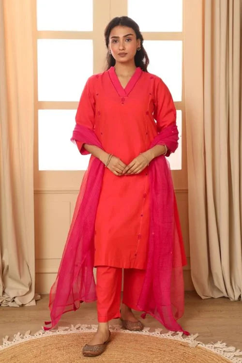 Rangsutra Aashvi Coral V-Neck Mangalgiri Cotton Kurta With Desert Hand Embroidery
