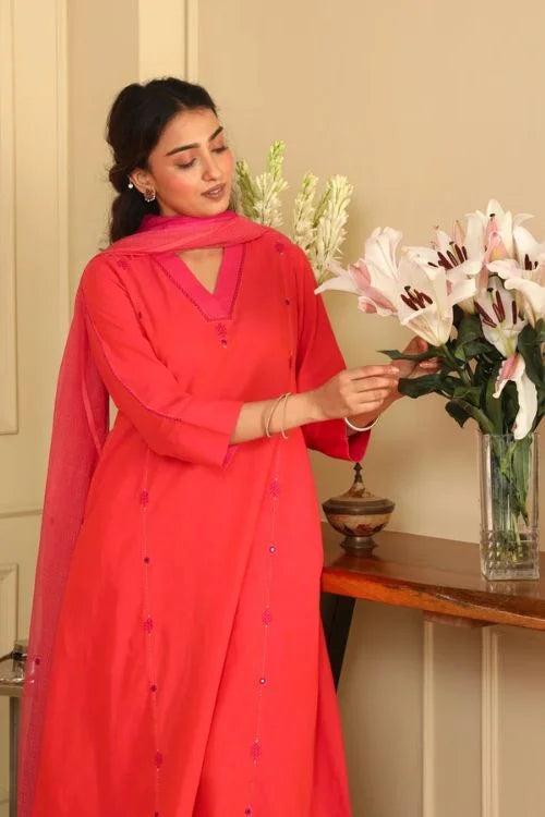 Rangsutra Aashvi Coral V-Neck Mangalgiri Cotton Kurta With Desert Hand Embroidery