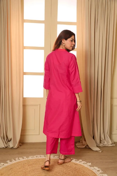 Rangsutra Aashvi Pink V-Neck Mangalgiri Cotton Kurta With Desert Hand Embroidery