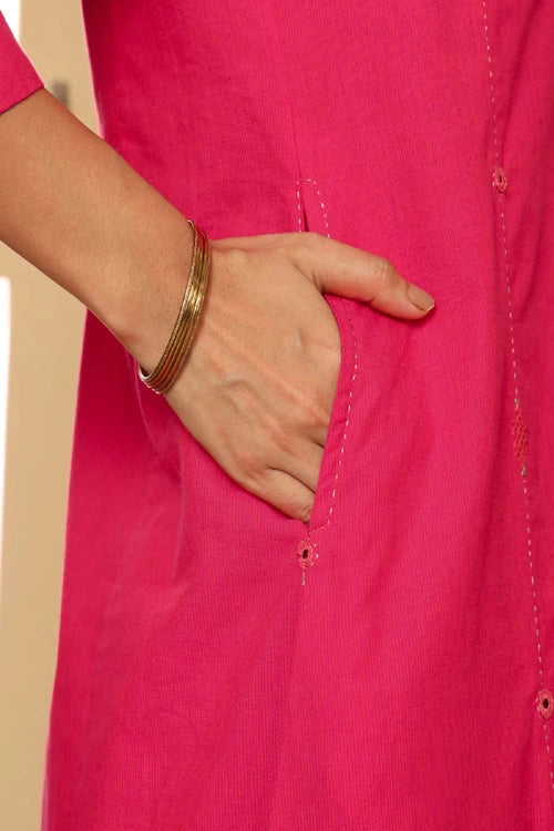 Rangsutra Aashvi Pink V-Neck Mangalgiri Cotton Kurta With Desert Hand Embroidery