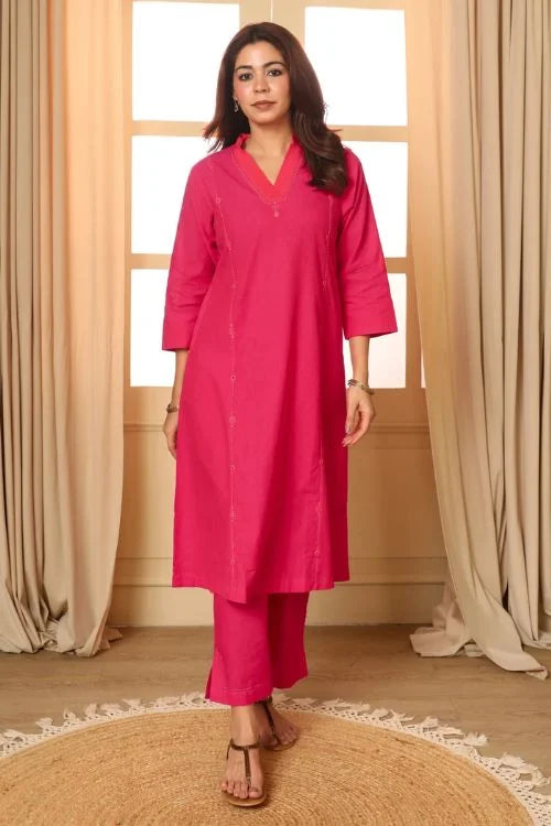 Rangsutra Aashvi Pink V-Neck Mangalgiri Cotton Kurta With Desert Hand Embroidery