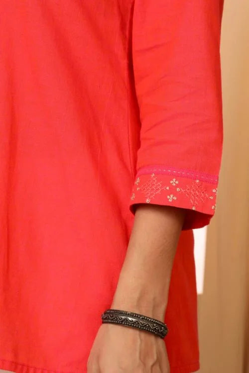 Rangsutra Aashvi Coral V-Neck Mangalgiri Cotton Top With Desert Hand Embroidery