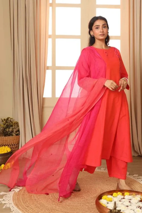 Rangsutra Aashvi Pink-Coral Kota Dupatta With Desert Hand Embroidery