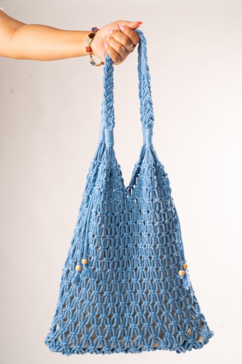 Cut Sew Curry 'Sunset' Macrame Cotton Light Blue Tote Bag