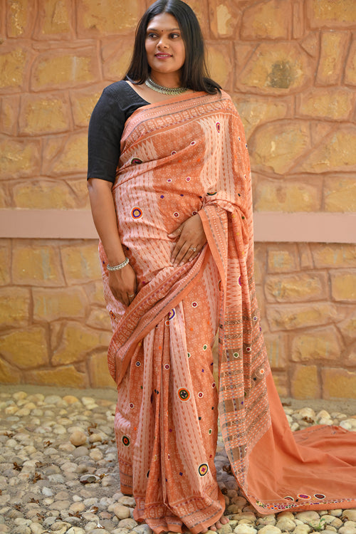 Ikkat Cotton Hand Embroidered Saree With Blouse Piece