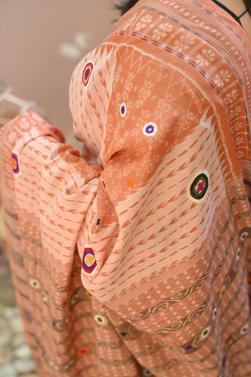 Ikkat Cotton Hand Embroidered Saree With Blouse Piece
