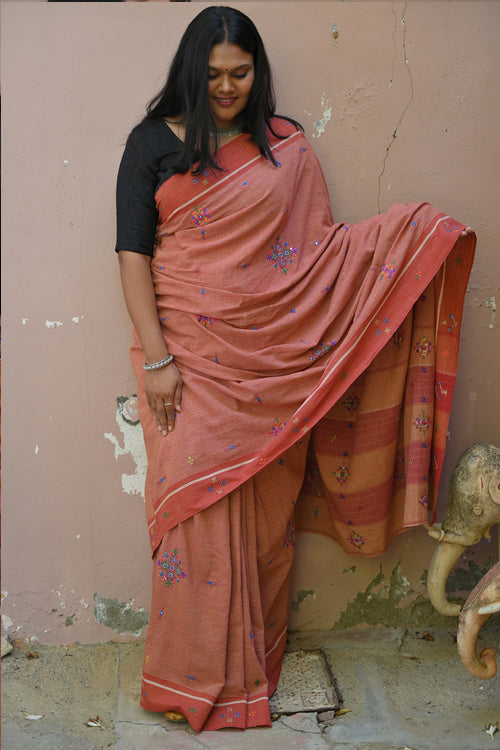 Exquisite Multicolored Hand Embroidered Cotton Saree Online