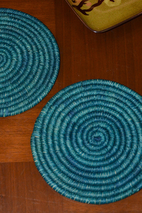 Dharini Sabai & Palm Round Trivets Teal Blue (Set Of 2)