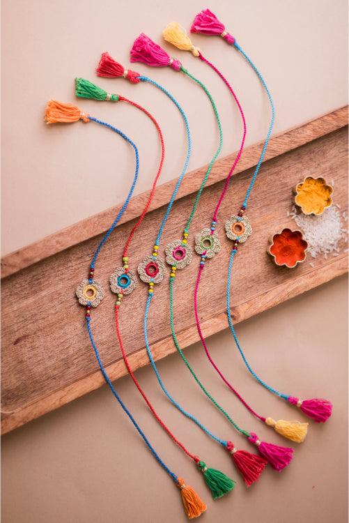Samoolam Multicolor Golden Flower Rakhi (Set Of 6)