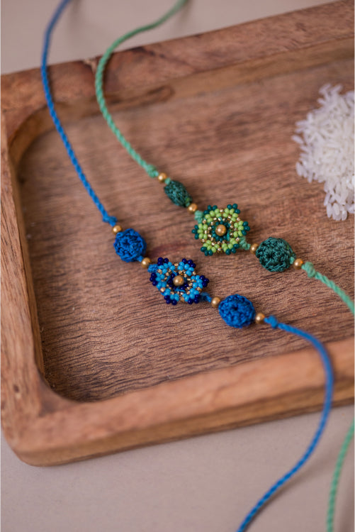 Samoolam Blue & Green Beads Flower Rakhi (Set Of 2)