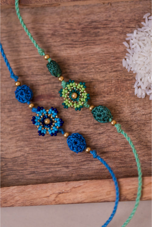 Samoolam Blue & Green Beads Flower Rakhi (Set Of 2)