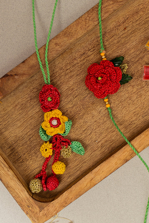 Samoolam Rakhi & Lumba Set Surkh Gulab (Set Of 2)