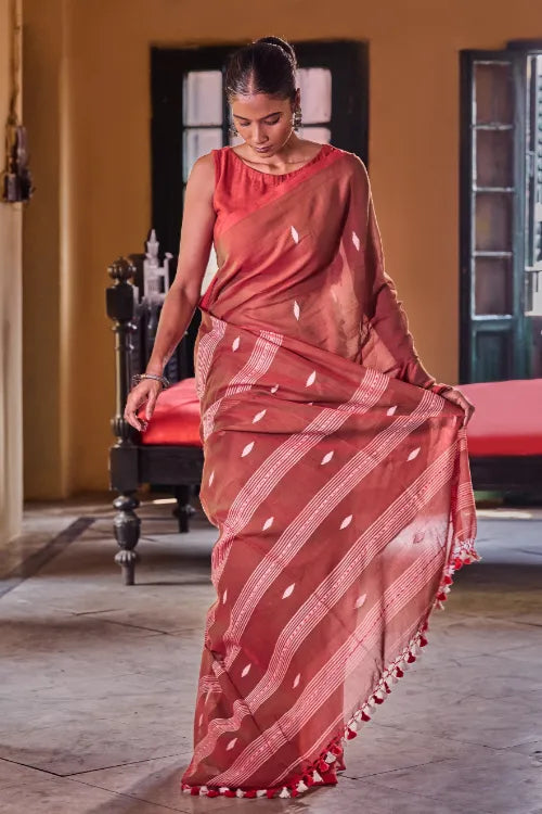 The ICH Bengal Vibes. Handwoven Jamdani Soft Mul Cotton Saree - Coral Red