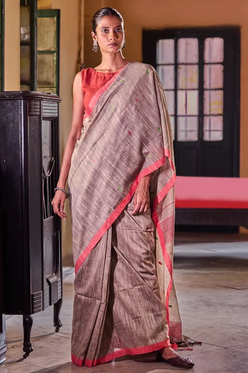 The ICH Bengal Vibes. Handwoven Jamdani Soft Mul Cotton Saree - Grey Whisper