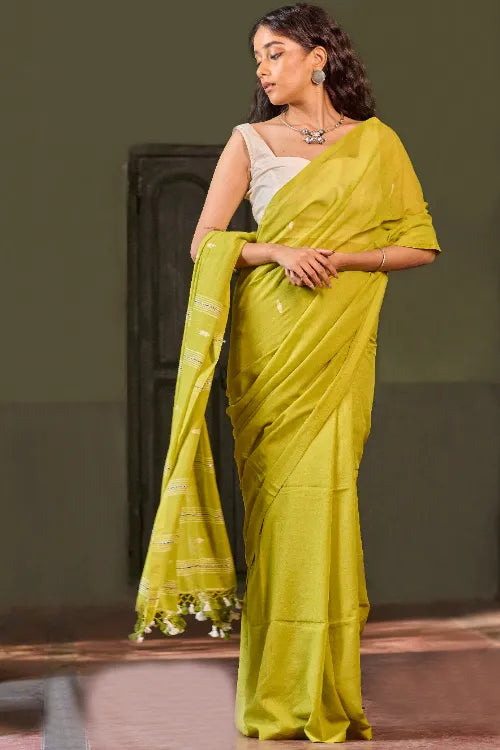 The ICH Bengal Vibes. Handwoven Jamdani Soft Mul Cotton Saree - Lime Poetry