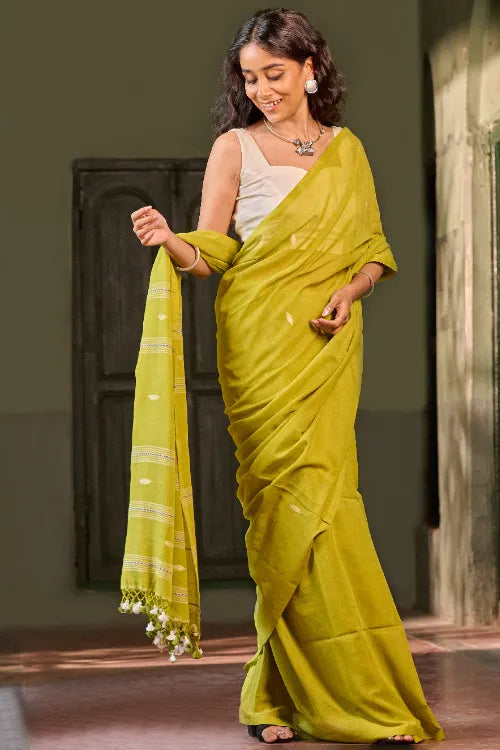 The ICH Bengal Vibes. Handwoven Jamdani Soft Mul Cotton Saree - Lime Poetry