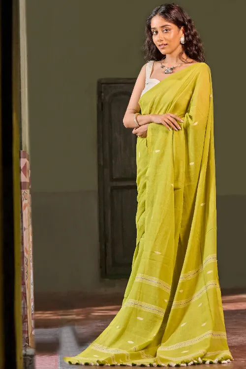 The ICH Bengal Vibes. Handwoven Jamdani Soft Mul Cotton Saree - Lime Poetry