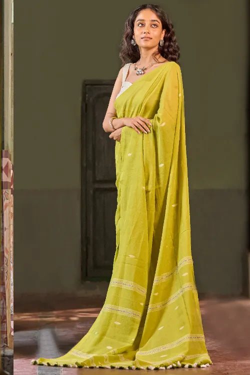 The ICH Bengal Vibes. Handwoven Jamdani Soft Mul Cotton Saree - Lime Poetry
