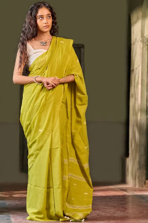 The ICH Bengal Vibes. Handwoven Jamdani Soft Mul Cotton Saree - Lime Poetry