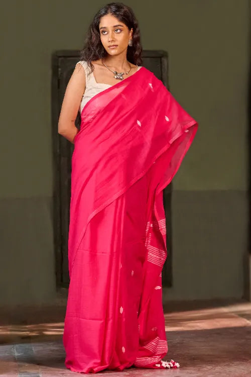 The ICH Bengal Vibes. Handwoven Jamdani Soft Mul Cotton Saree - Vibrant Blush
