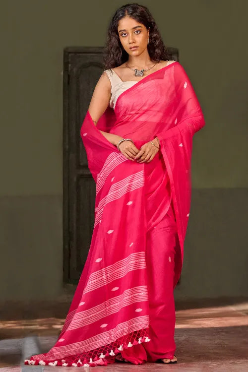 The ICH Bengal Vibes. Handwoven Jamdani Soft Mul Cotton Saree - Vibrant Blush