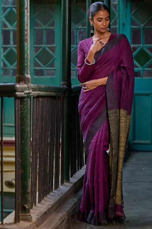 The ICH Bengal Vibes. Elegant Handwoven Linen Saree - Mulberry Patch