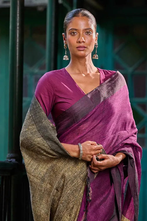 The ICH Bengal Vibes. Elegant Handwoven Linen Saree - Mulberry Patch