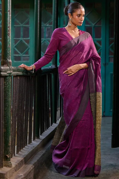 The ICH Bengal Vibes. Elegant Handwoven Linen Saree - Mulberry Patch