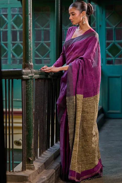 The ICH Bengal Vibes. Elegant Handwoven Linen Saree - Mulberry Patch