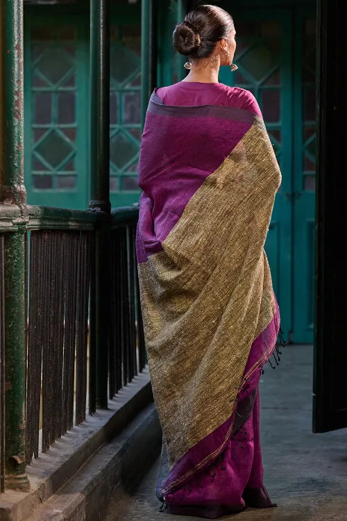 The ICH Bengal Vibes. Elegant Handwoven Linen Saree - Mulberry Patch