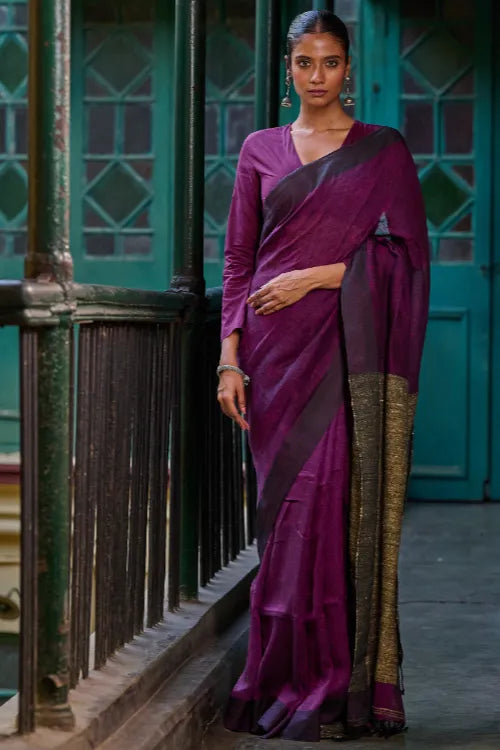 The ICH Bengal Vibes. Elegant Handwoven Linen Saree - Mulberry Patch