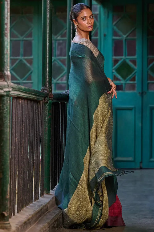 The ICH Bengal Vibes. Elegant Handwoven Patli  Linen Saree - Forest Reverie