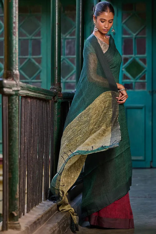The ICH Bengal Vibes. Elegant Handwoven Patli  Linen Saree - Forest Reverie