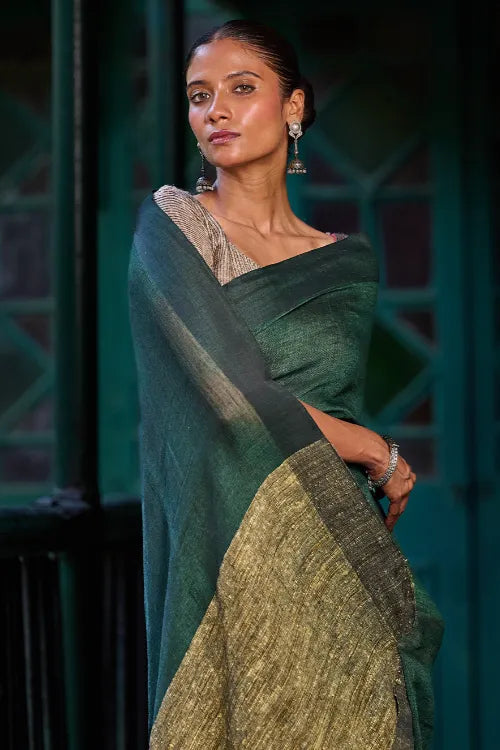 The ICH Bengal Vibes. Elegant Handwoven Patli  Linen Saree - Forest Reverie