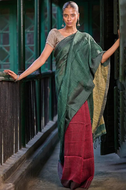 The ICH Bengal Vibes. Elegant Handwoven Patli  Linen Saree - Forest Reverie
