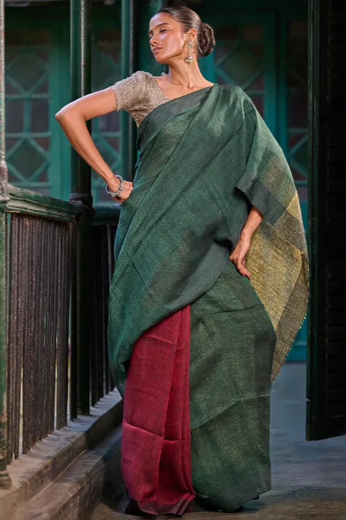 The ICH Bengal Vibes. Elegant Handwoven Patli  Linen Saree - Forest Reverie