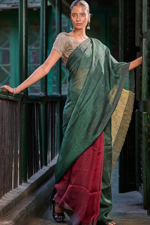 The ICH Bengal Vibes. Elegant Handwoven Patli  Linen Saree - Forest Reverie