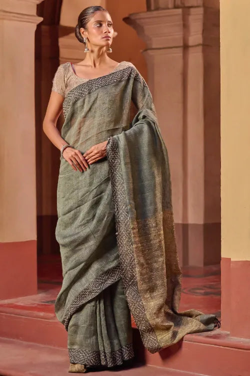 The ICH Bengal Vibes. Handwoven Linen & Kantha Border Saree - Muted Grey