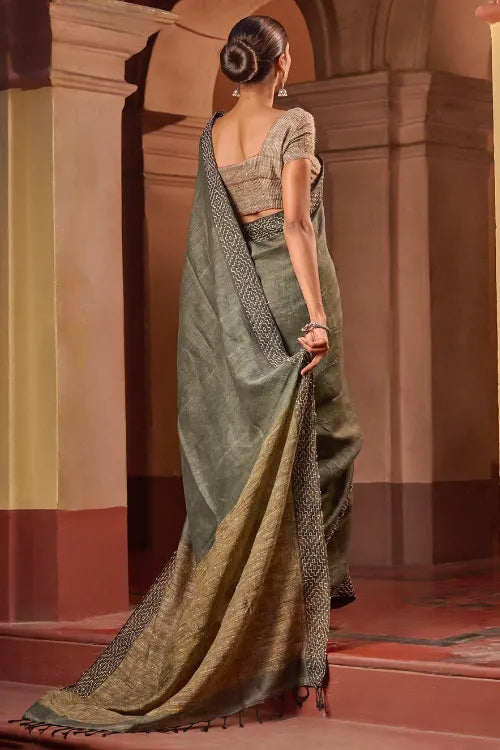 The ICH Bengal Vibes. Handwoven Linen & Kantha Border Saree - Muted Grey
